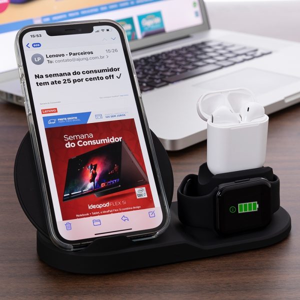 Estacao-de-Carregamento-3-em-1cor preta personalizada Caneta de Metal com Estojo Plástico Personalizado