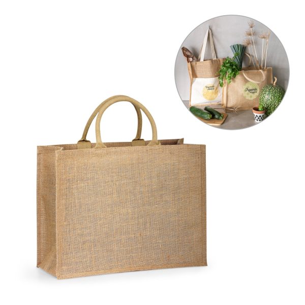 Sacola ecológica de juta personalizada 92827 SHANTI. Sacola Sacola de compras em juta (360 g/m²) com laminado no interior e com alças curtas acolchoadas. 430 x 340 x 175 mm